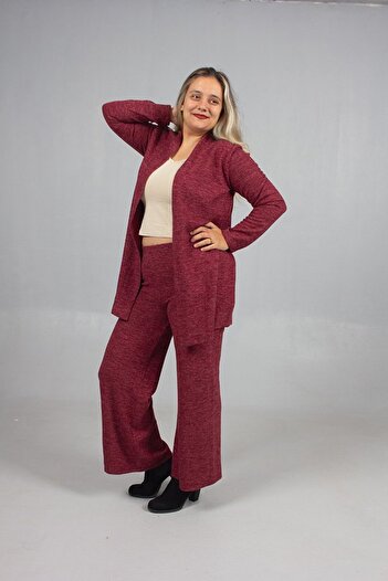 Truva XXL Set pantaloni din bumbac, lână, viscoză, mărime mare, cardigan, roșu claret