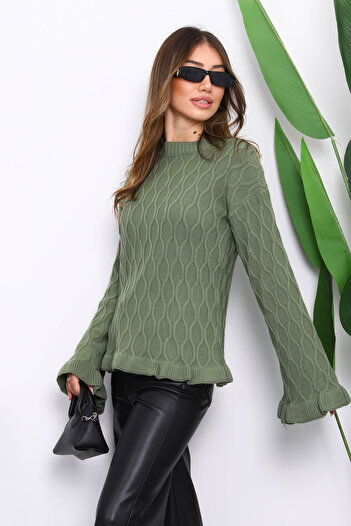 İmajButik Khaki Bell and Sleeve Frill Trim Knit Sweater