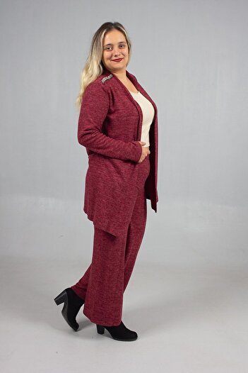 Truva XXL Set pantaloni din bumbac, lână, viscoză, mărime mare, cardigan, roșu claret