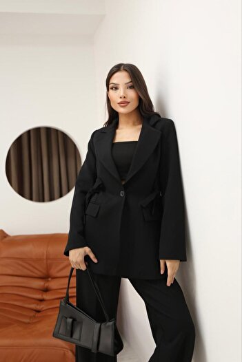 Bak'ap Premium Bussines Bel Corset Tie Detail Blazer Jacket-Wide Leg Palazzo Pants 2-Piece Set