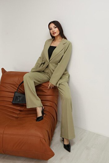 Bak'ap Premium Bussines Bel Korse Bağlama Detaylı Blazer Ceket-Bol Paça Palazzo Pantolon 2'li Takım