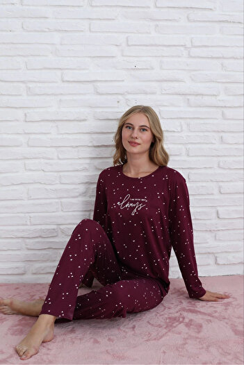 Pijamoni Women's Milan Fabric Crew Neck Cherry Rot Pajama Set - 7600