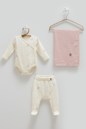 Caramell Baby Girl Set of 3 0-3 Months 100% Cotton Baby Bodysuit Set and Muslin Blanket (80-90cm)