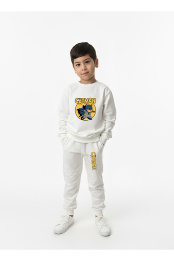Let's Wear Catman Printed Children's Hooded Premium Compact Sweatshirt Tracksuit with Pockets and Drawstrings