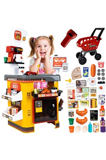 Selgot Children's Supermarket Play Set with Refrigerator, Basket, Scanner Cash Register, Realistic Sounds,
