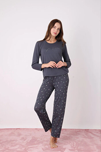Pijamoni Women's Milan Fabric Crew Neck Anthracite Pajama Set - 7600