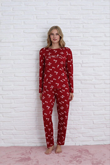 Pijamoni Women's Milan Fabric Crew Neck Leaf Patterned Burgundy Pajama Set - 7600