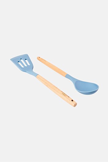 Phantom Chef 2 Pcs Silicone And Wood Slotted Turner Spoon Set, Slate Blue