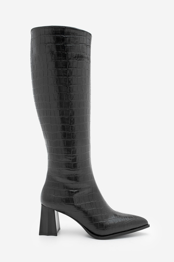 Marjin Women's Pointed Toe Thick Heeled Boots Alenta Black Croco