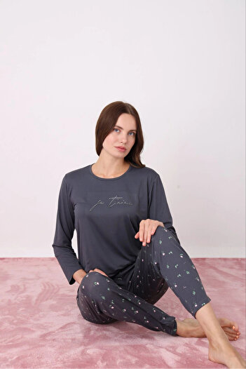 Pijamoni Women's Milan Fabric Crew Neck Anthracite Pajama Set - 7600