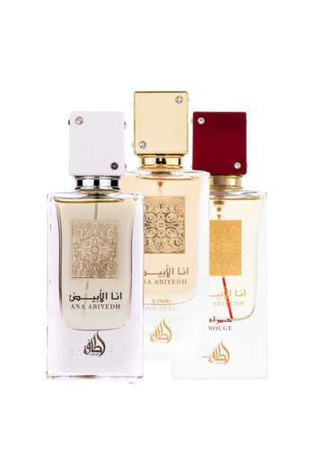 lattafa Pack of 3 best-selling perfumes, Ana Abiyedh White 60 ml, Ana Abiyedh Rouge 60 ml and Ana Abiyedh Poud