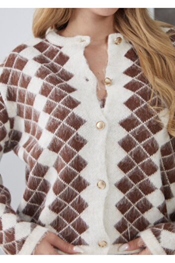 ZY BUTİK White-Brown Baklava Patterned Cardigan