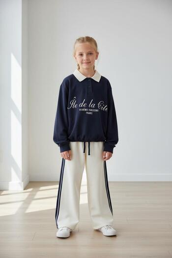 Magu Girl's Cotton Navy Blue-White Paris Printed Polo Neck Tracksuit Set - Stripe Detail