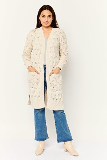PİNK ROSE Women Split Neck Eyelet Cardigan, Beige