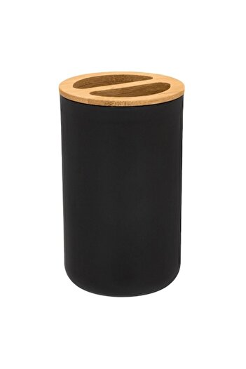SHOPIENS Toothbrush Holder, Round, Plastic with Bamboo Details, Ø 6.5 cm, H 11 cm, Black