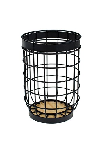 ANTBRO Cutlery Holder, Round, Metallic, Wood Base, Black, 12x17cm