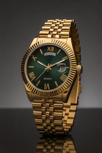 Eyiser Store Men's Wristwatch - Emerald Green and Roman Numeral Dial, Dual Calendar, Gold Band - Special Boxed