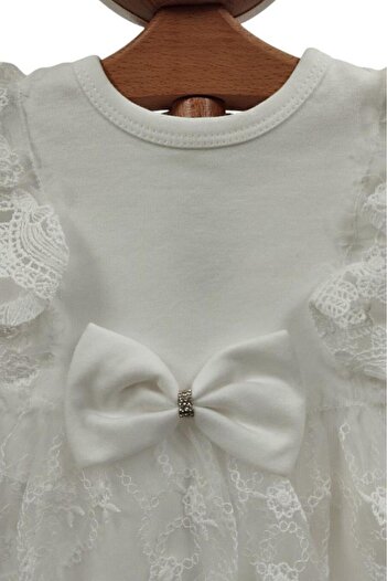 Dumledo White Lace Bow Detailed Dress, Headband Baby Girl Mevlüt Dress 2-Piece Set