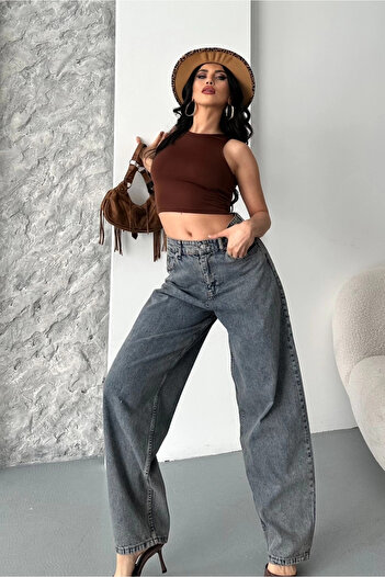 Zerenyus Pantaloni de blugi maro vintage Baggy Snow Wash