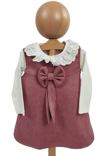 Dumledo Ribbed White Bodysuit with Ruffle Collar, Dusty Rose Velvet Bow Dress 2-Piece Baby Girl Dress Set