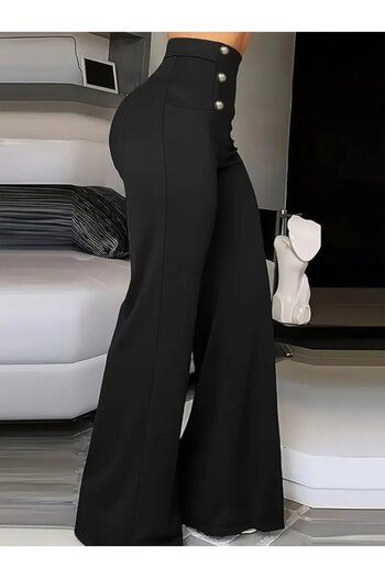 JANES Women's High Waist Front Buttoned Wide Leg Imported Crepe Trousers