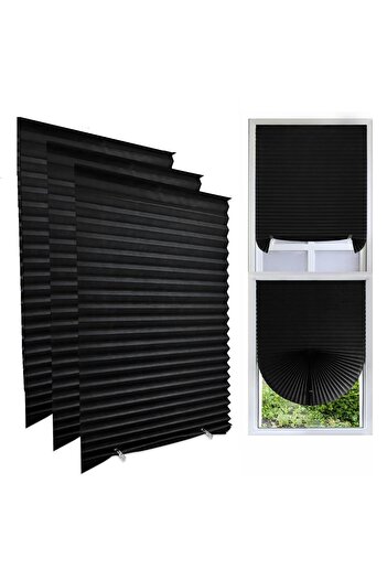 LUXER Set of 3 Self-Adhesive Pleated Blinds, Adjustable, Installation Without Drilling, Black, Dimensions 90x180 cm
