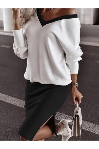 JANES Women's long sleeve v-neck viscose two-thread blouse and mini skirt two-piece set