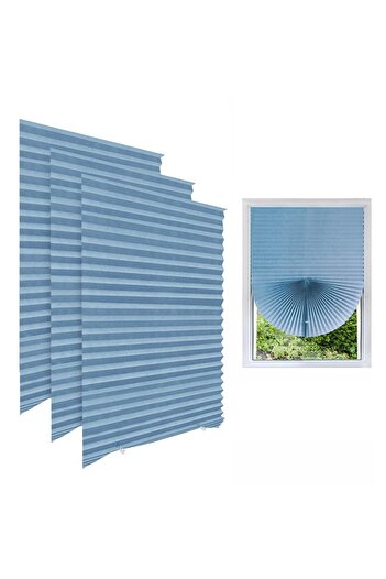 LUXER Set of 3 Self-Adhesive Pleated Blinds, Adjustable, Installation Without Drilling, Blue, Dimensions 60x150 cm
