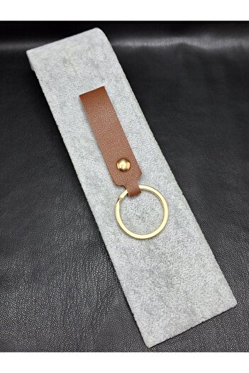 Han Ticarethane Tan Color Leather Keychain with Gold Color Ring