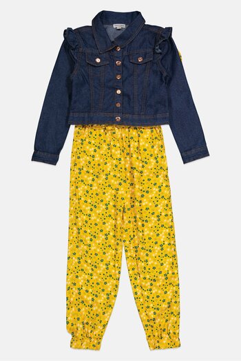 NANETTE LEPORE Kids Girl 2 Pieces Floral Print Jumpsuit With Denim Jacket, Yellow