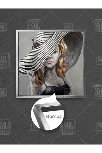 SML TABLO Femeie într-o pălărie cu dungi, modă, decor sofisticat, pictură pătrată pe pânză înrămată