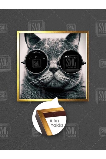 SML TABLO Ochelari negri Pisica drăguță Decor animal alb-negru Pictură pătrată pe pânză cu rame