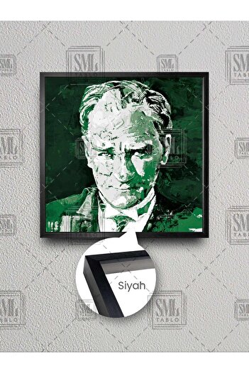 SML TABLO Mustafa Kemal Atatürk Portret Karimzatik Pictură pe pânză pătrată înrămată în verde și alb