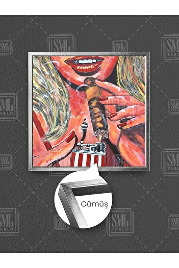 SML TABLO Blonde Woman with Red Lipstick and Red Lighter Cuban Framed Square Canvas Painting