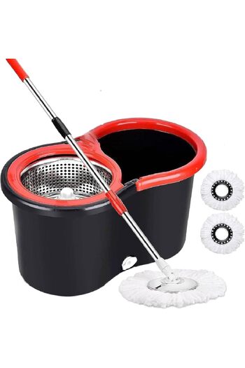 HYX 360° Spin Mop and Bucket System with Stainless Steel Handle, 2 Microfiber Heads, Floor Cleaning Set