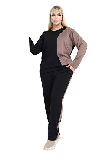 MELSAY Women's Plus Size Black-Mink Garnished Modal Tracksuit Set