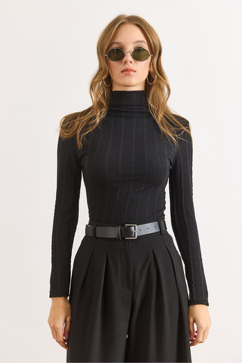 Olalook Women's Black Stand Collar Textured Twist Blouse Blz-19003135