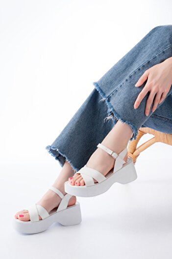 Budi 24414-1005 White Daily Cross Wedge Heel Women's Sandals