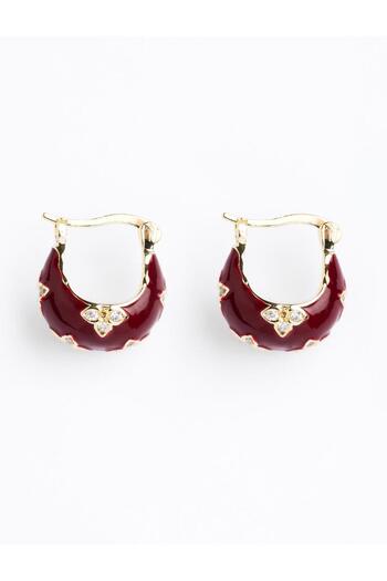 Jimmy Key Red Shiny Stone Clover Figured Half Hoop Earrings