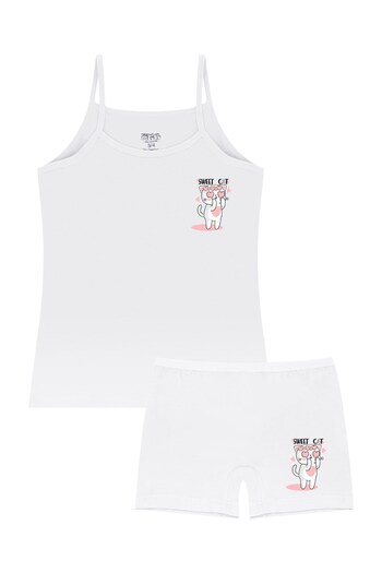 Öts Girl's Tank Top Boxer Lycra White Cat (96% Cotton - 4% Elastane)