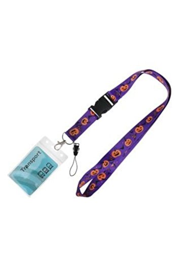 Jumbo Halloween Lanyard Name Badge - Purple with Pumpkins & Bats Design