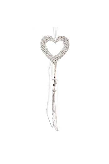 SHOPIENS Decorative Hanging Heart with White Ribbons, Lace, Flowers, Wood, 20x20x5cm, White