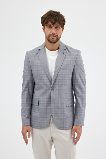 Frappoli Facune Men's Light Gray Plaid Fabric Mono Collar Sports Blazer Jacket