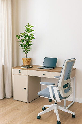 MARIA HOMES White & Wood Office Desk 120×60x75 cm – Modern Work Table with Drawer, Cabinet & White Legs