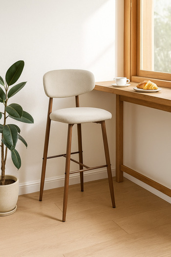 MARIA HOMES Beige Fabric Bar Stool – Modern High Chair with Backrest & Wooden Legs for Kitchen or Café