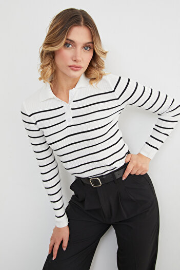 Fulla Moda Striped Polo Neck Half Button Knitwear Sweater
