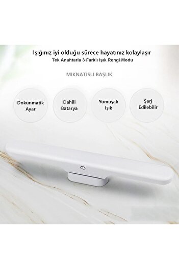 Noas Led NOAS Banyo Yatak Odası Mıknatıslı Kabin Makyaj Tıraş Led Işık Usb Şarjlı Kablosuz Led Lamba