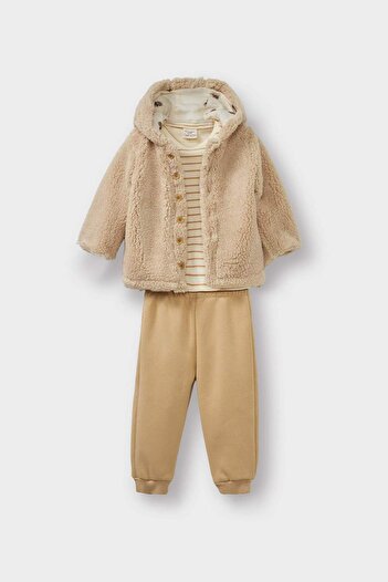 DeFacto Baby Boy 3-Piece Set Plush Hooded Cardigan Striped Long Sleeve T-Shirt Sweatpants F5726A525Wn