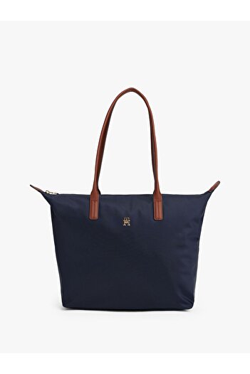 Tommy Hilfiger Women's Zippered Inner Pocket Metallic Th Logo Short Strap Navy Blue Shoulder Bag Aw0Aw17711-Dw6