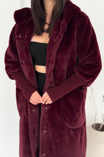 FEMELLE Burgundy Snap Buttoned Knitwear Detailed Hooded Premium Long Fur Coat with Lining